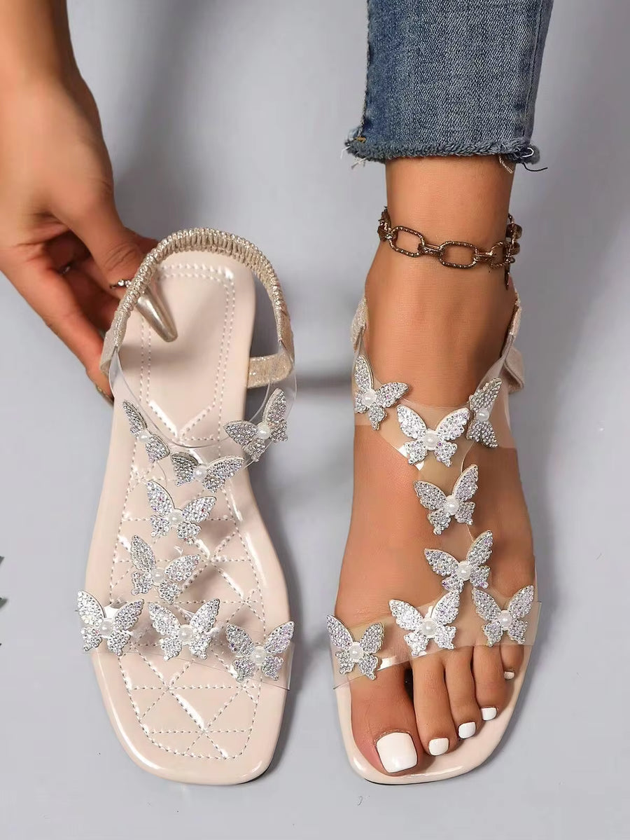 Women's Summer Butterfly Rhinestone Elegant Flat/High Heel Open Toe Sandals/Slippers, Bohemian Style Party Shoes